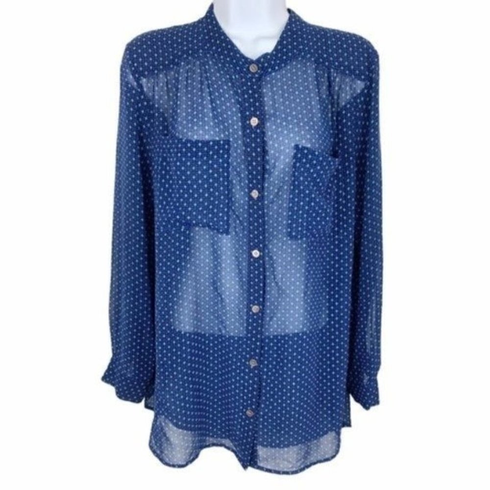 Vince Camuto Blue Patterned Sheer Button Down